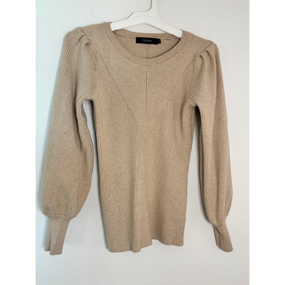 Tecrew Tan Ribbed Knit Puff Lantern Sleeve Chevron Sweater Medium